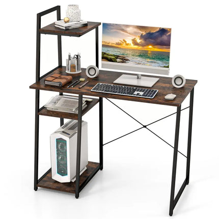 Computer Desk with Shelves and 3-Tier Storage Bookshelf-Brown - Brown - Writing Desks