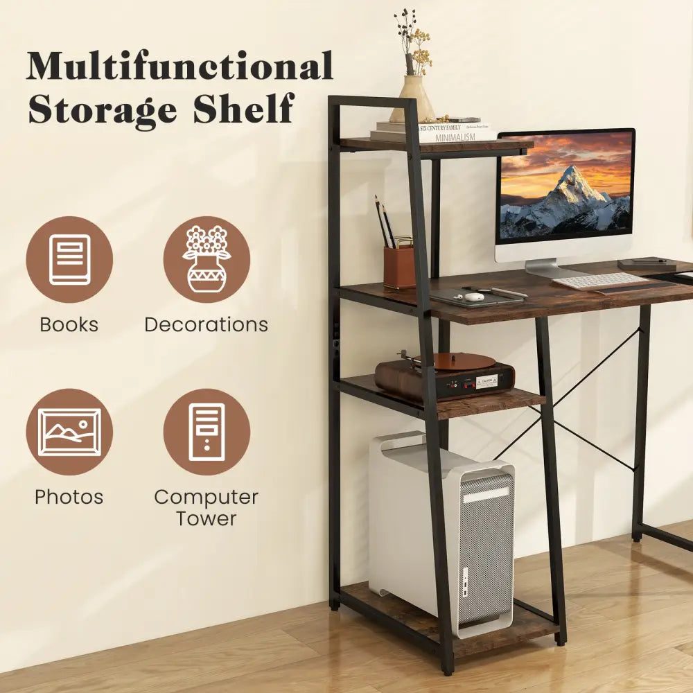 Computer Desk with Shelves and 3-Tier Storage Bookshelf-Brown - Brown - Writing Desks