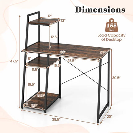 Computer Desk with Shelves and 3-Tier Storage Bookshelf-Brown - Brown - Writing Desks