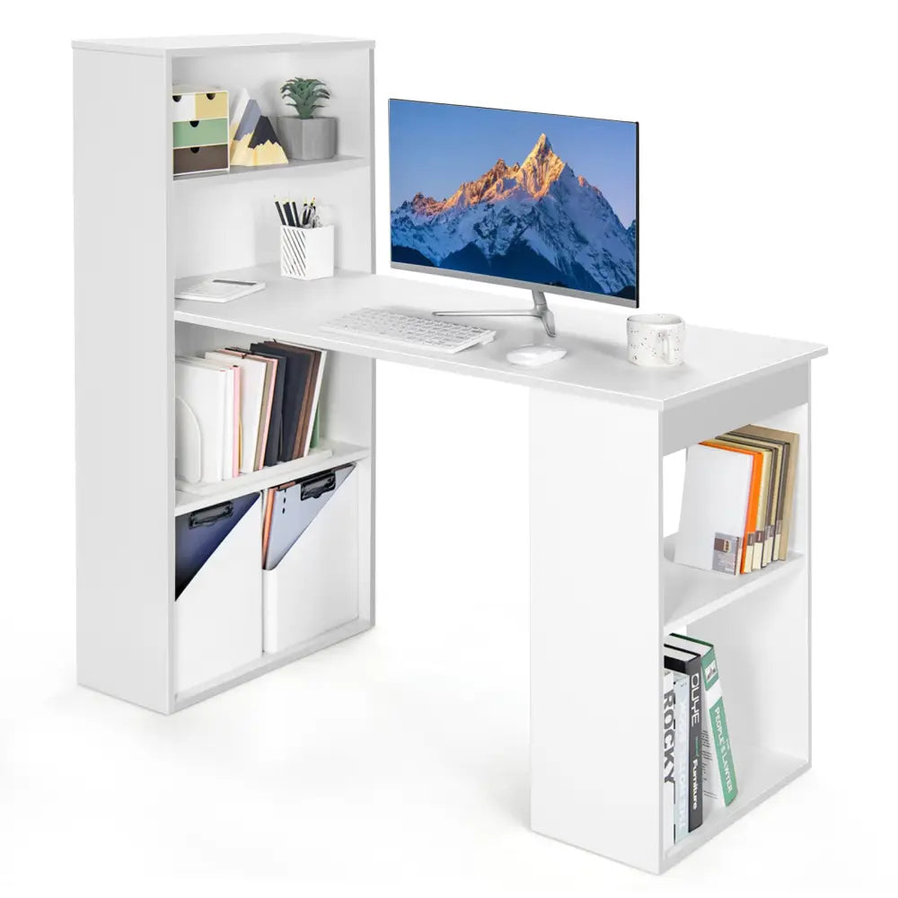 Computer Desk Writing Workstation Office with 6-Tier Storage Shelves-White - White - Computer Desks