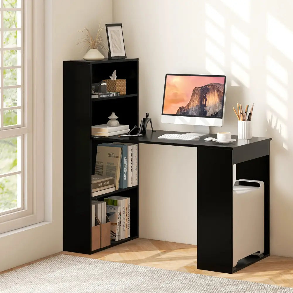 Computer Desk Writing Workstation Office with 6-Tier Storage Shelves-Black - Black - Computer Desks