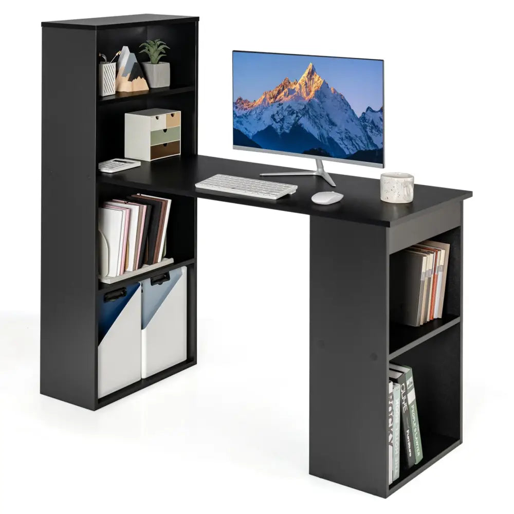 Computer Desk Writing Workstation Office with 6-Tier Storage Shelves-Black - Black - Computer Desks