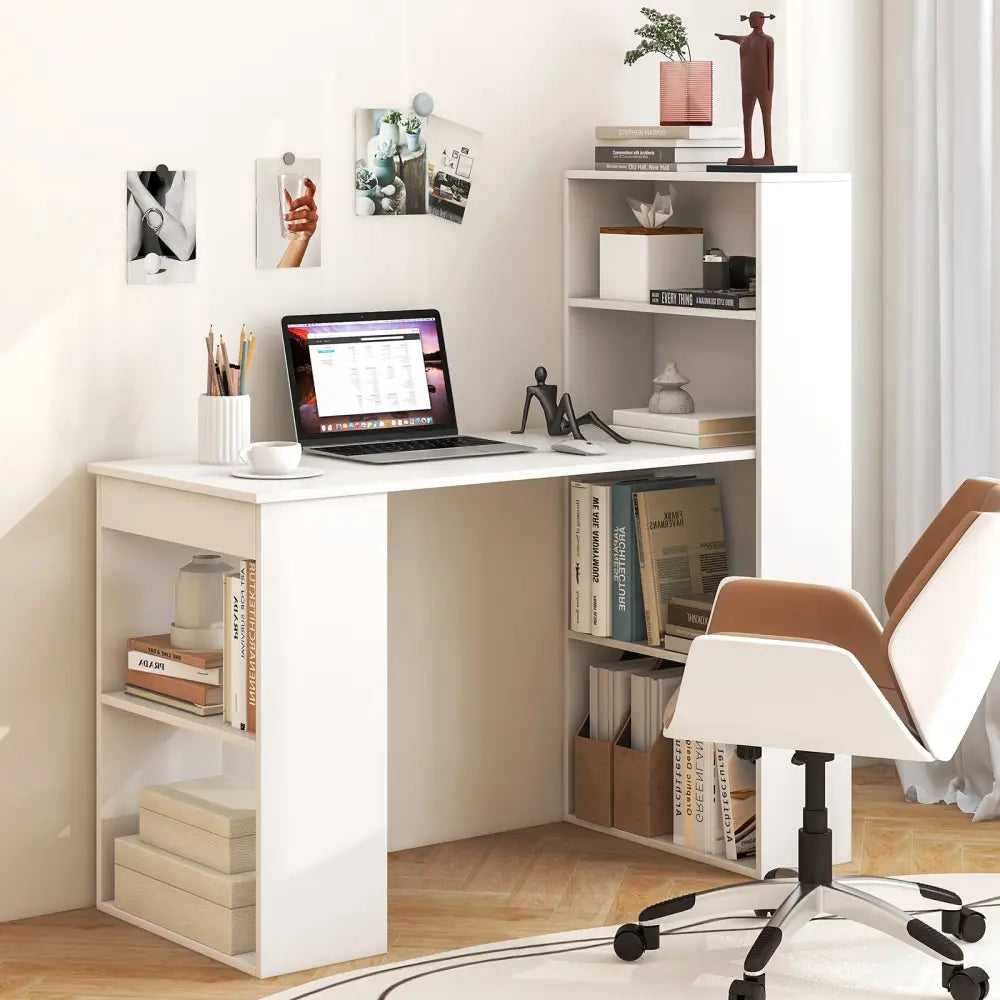 Computer Desk Writing Workstation Office with 6-Tier Storage Shelves-White - White - Computer Desks