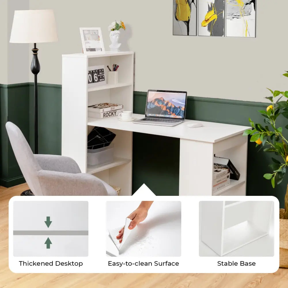 Computer Desk Writing Workstation Office with 6-Tier Storage Shelves-White - White - Computer Desks