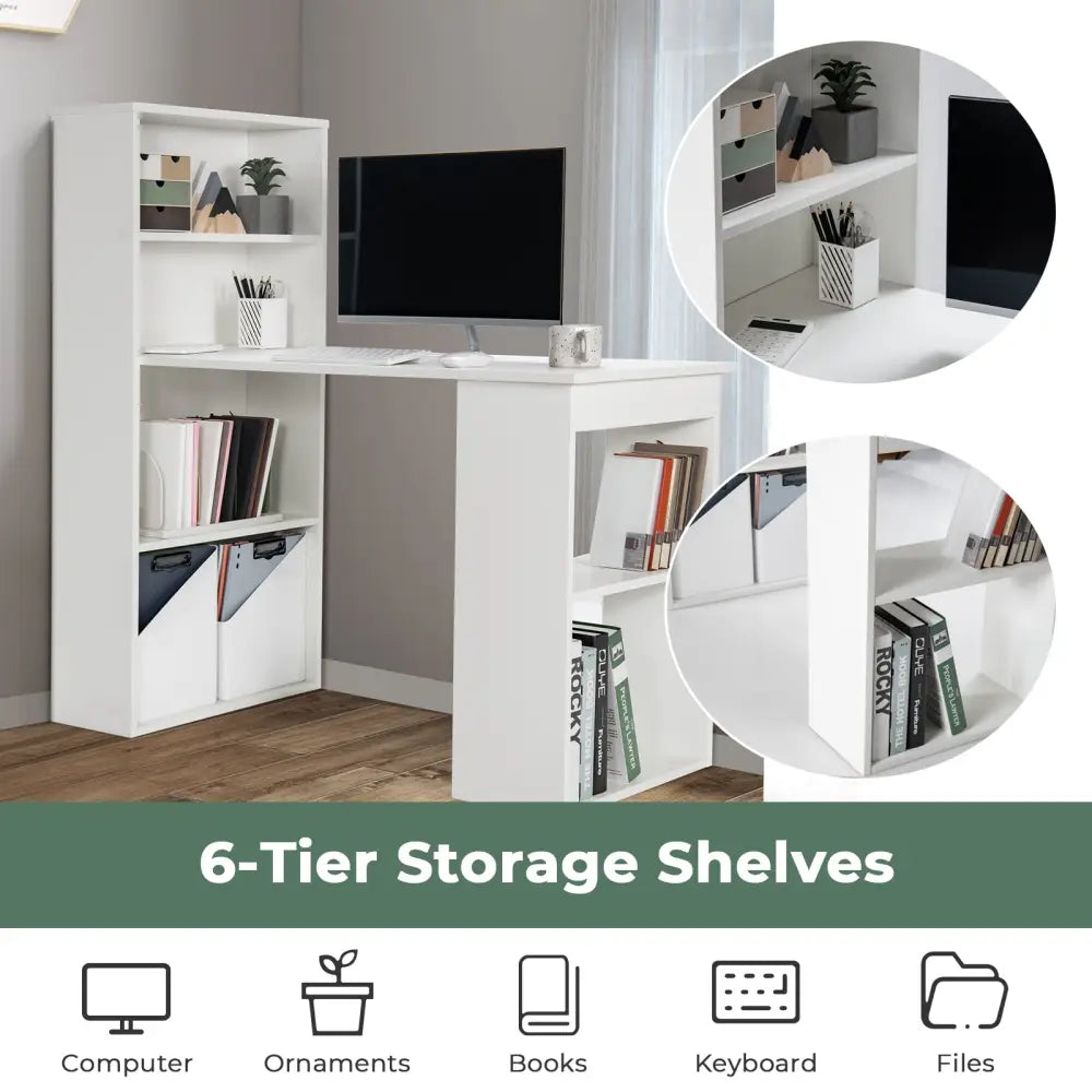 Computer Desk Writing Workstation Office with 6-Tier Storage Shelves-White - White - Computer Desks