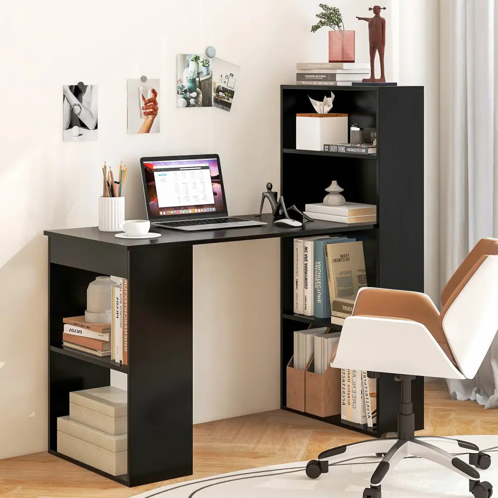 Computer Desk Writing Workstation Office with 6-Tier Storage Shelves-Black - Black - Computer Desks