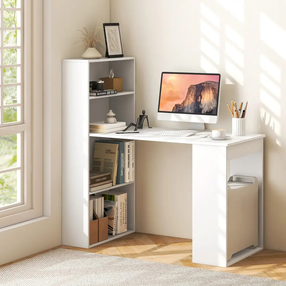 Computer Desk Writing Workstation Office with 6-Tier Storage Shelves-White - White - Computer Desks