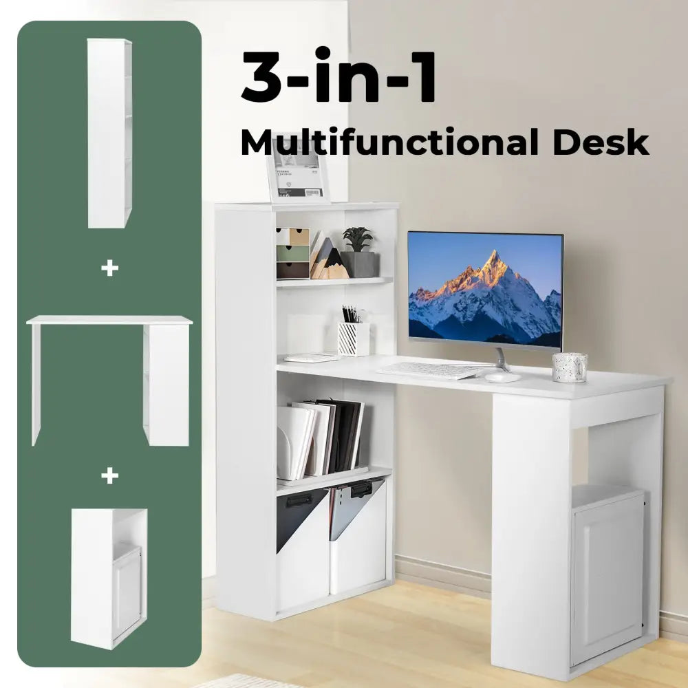 Computer Desk Writing Workstation Office with 6-Tier Storage Shelves-White - White - Computer Desks