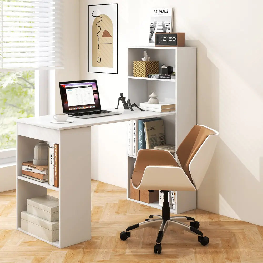 Computer Desk Writing Workstation Office with 6-Tier Storage Shelves-White - White - Computer Desks