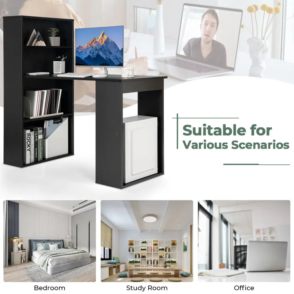Computer Desk Writing Workstation Office with 6-Tier Storage Shelves-Black - Black - Computer Desks