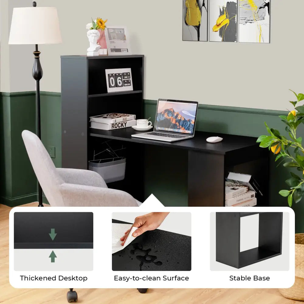 Computer Desk Writing Workstation Office with 6-Tier Storage Shelves-Black - Black - Computer Desks