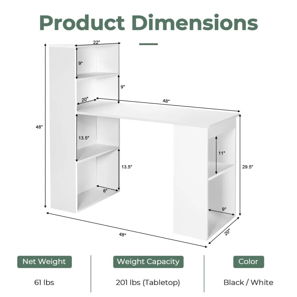 Computer Desk Writing Workstation Office with 6-Tier Storage Shelves-White - White - Computer Desks