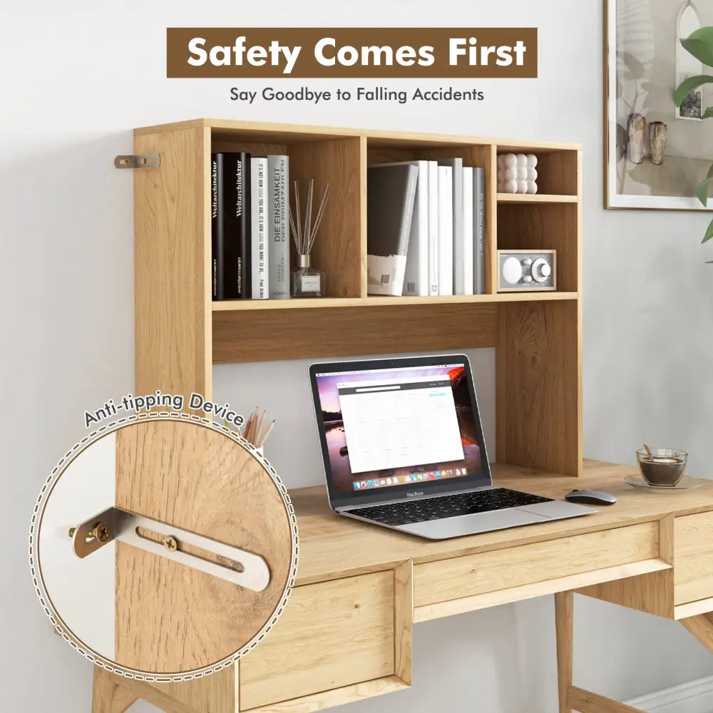 Computer Desktop Bookcase with 4 Cubbies and Open Back Compartment-Natural - Natural - Bookcases