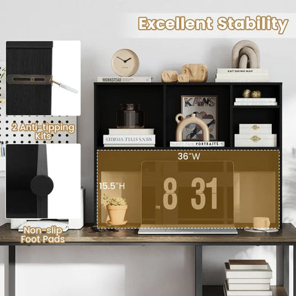 Computer Desktop Bookcase with 4 Cubbies and Open Back Compartment-Black - Black - Bookcases