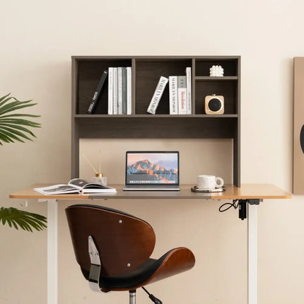 Computer Desktop Bookcase with 4 Cubbies and Open Back Compartment-Gray - Gray - Bookcases