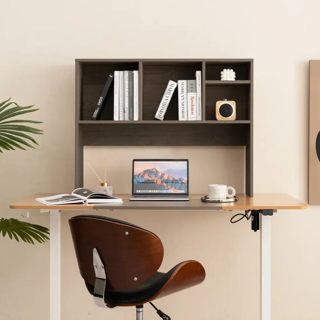 Computer Desktop Bookcase with 4 Cubbies and Open Back Compartment-Gray - Gray - Bookcases