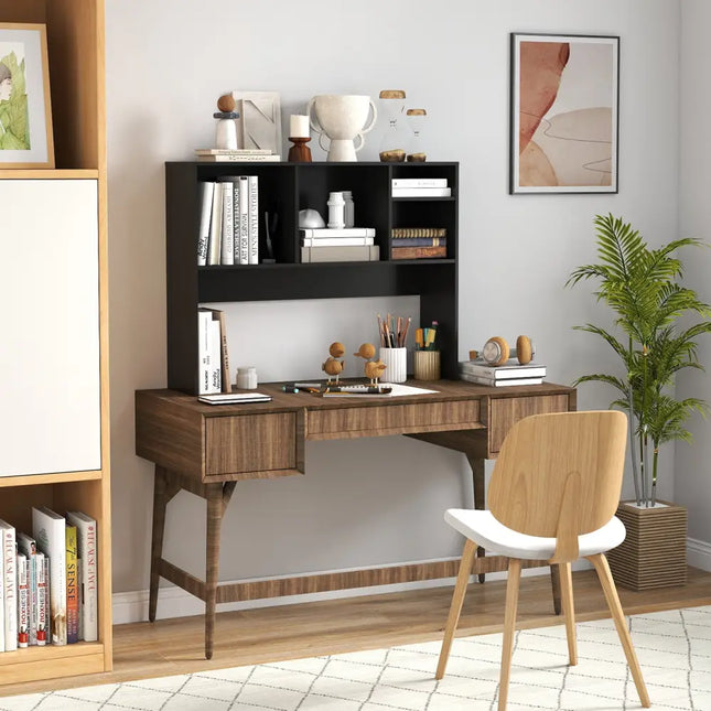 Computer Desktop Bookcase with 4 Cubbies and Open Back Compartment-Black - Black - Bookcases