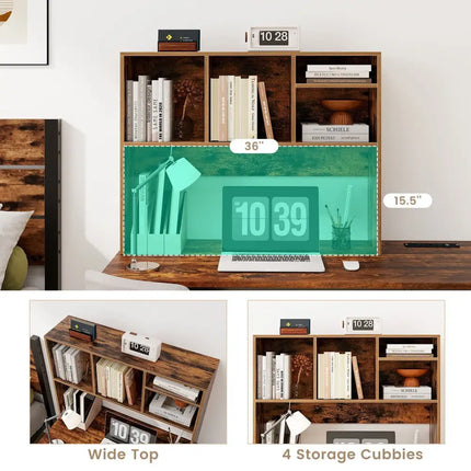 Computer Desktop Bookcase with 4 Cubbies and Open Back Compartment-Coffee - Coffee - Bookcases