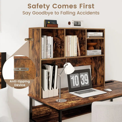 Computer Desktop Bookcase with 4 Cubbies and Open Back Compartment-Coffee - Coffee - Bookcases