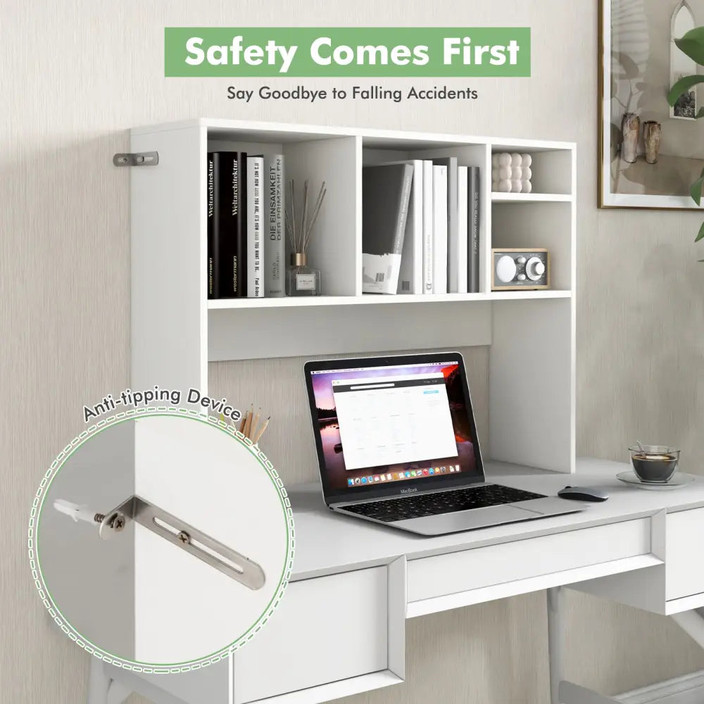 Computer Desktop Bookcase with 4 Cubbies and Open Back Compartment-White - White - Bookcases