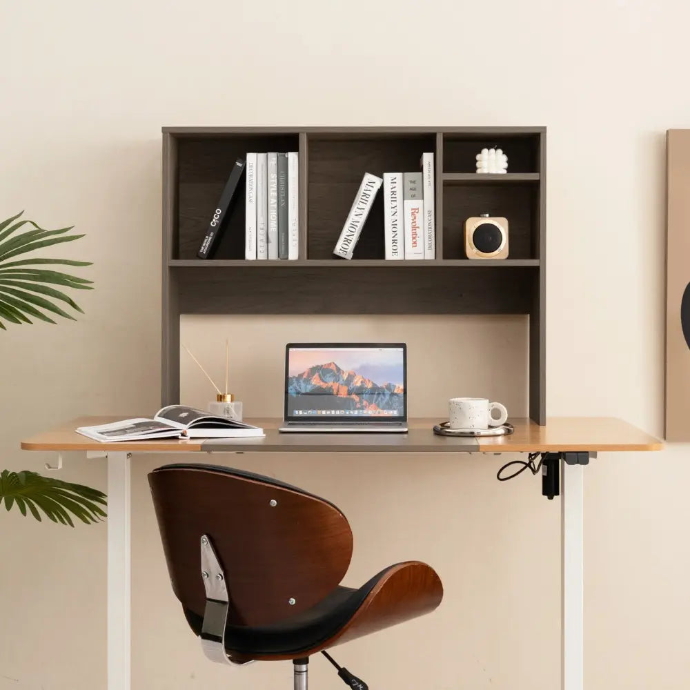 Computer Desktop Bookcase with 4 Cubbies and Open Back Compartment-Gray - Gray - Bookcases