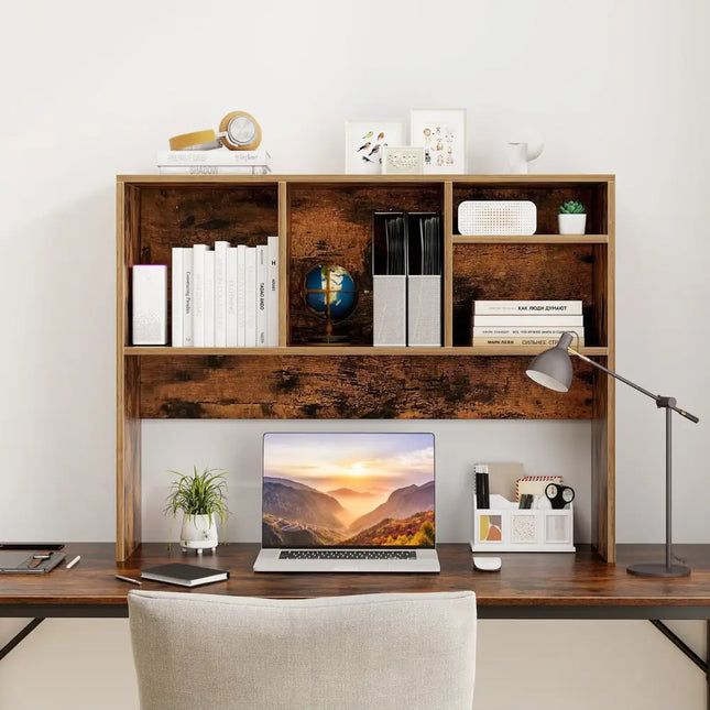 Computer Desktop Bookcase with 4 Cubbies and Open Back Compartment-Coffee - Coffee - Bookcases
