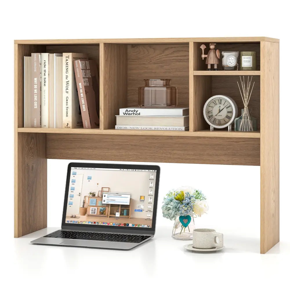 Computer Desktop Bookcase with 4 Cubbies and Open Back Compartment-Natural - Natural - Bookcases