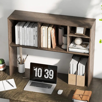 Computer Desktop Bookcase with 4 Cubbies and Open Back Compartment-Gray - Gray - Bookcases