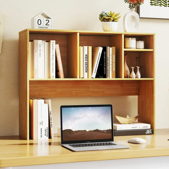 Computer Desktop Bookcase with 4 Cubbies and Open Back Compartment-Beige - Beige - Bookcases