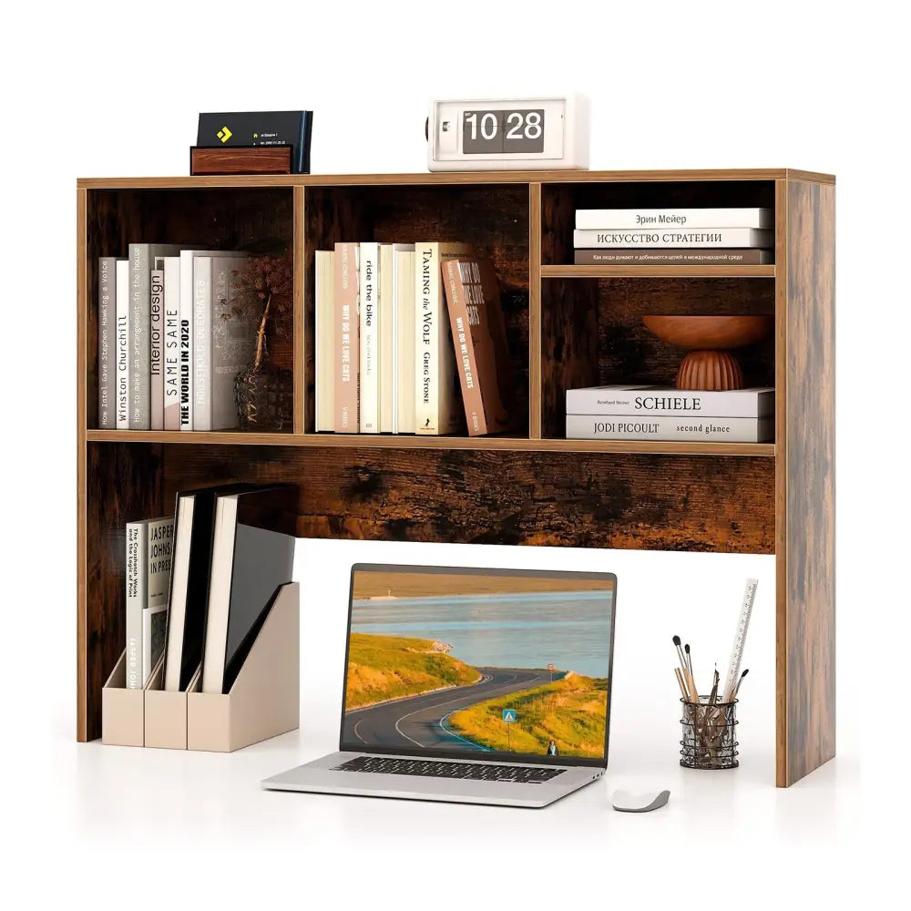 Computer Desktop Bookcase with 4 Cubbies and Open Back Compartment-Coffee - Coffee - Bookcases