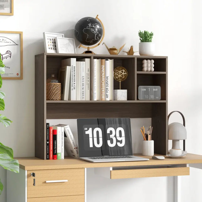 Computer Desktop Bookcase with 4 Cubbies and Open Back Compartment-Gray - Gray - Bookcases