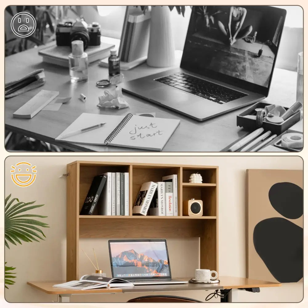 Computer Desktop Bookcase with 4 Cubbies and Open Back Compartment-Natural - Natural - Bookcases