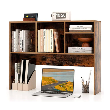 Computer Desktop Bookcase with 4 Cubbies and Open Back Compartment-Coffee - Coffee - Bookcases