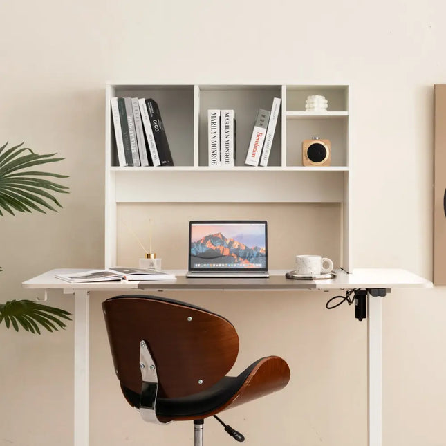 Computer Desktop Bookcase with 4 Cubbies and Open Back Compartment-White - White - Bookcases