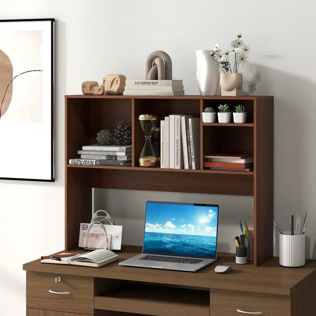 Computer Desktop Bookcase with 4 Cubbies and Open Back Compartment-Walnut - Walnut - Bookcases
