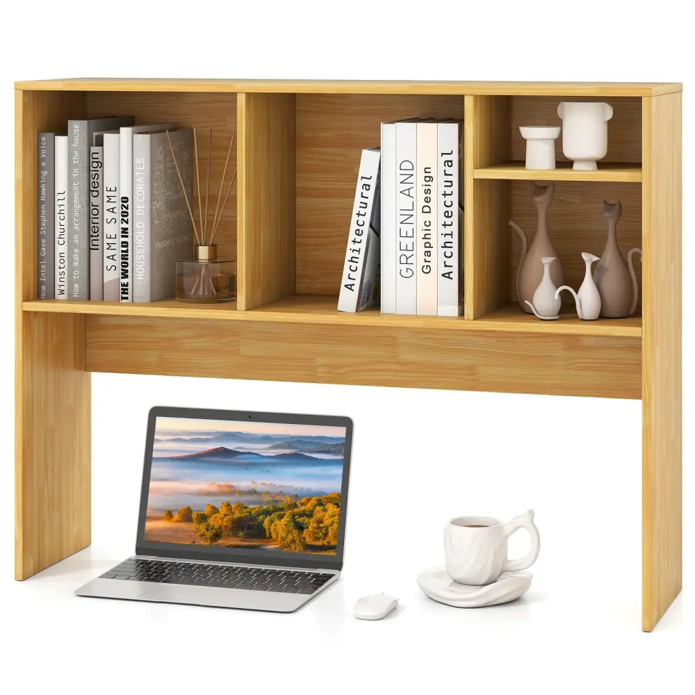 Computer Desktop Bookcase with 4 Cubbies and Open Back Compartment-Beige - Beige - Bookcases