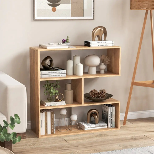 Concave Bookshelf 3-Shelf Open Bookcase with Anti-Toppling Device for Living Room Study Office - Natural - Bookcases