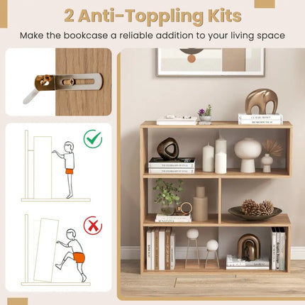 Concave Bookshelf 3-Shelf Open Bookcase with Anti-Toppling Device for Living Room Study Office - Natural - Bookcases