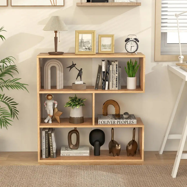 Concave Bookshelf 3-Shelf Open Bookcase with Anti-Toppling Device for Living Room Study Office - Natural - Bookcases