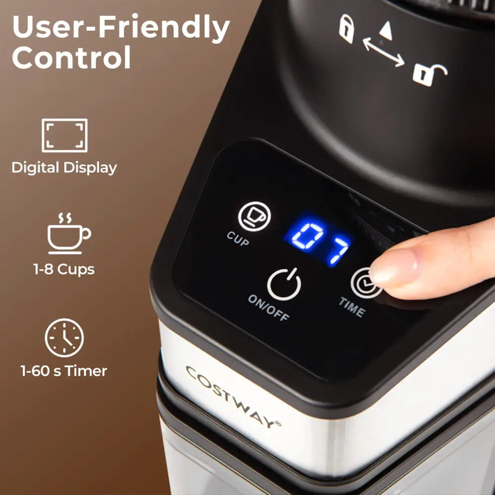 Conical Burr Coffee Grinder with 60 Precise Grinding Settings and Digital Display-Silver - Silver - Juicers & Coffee