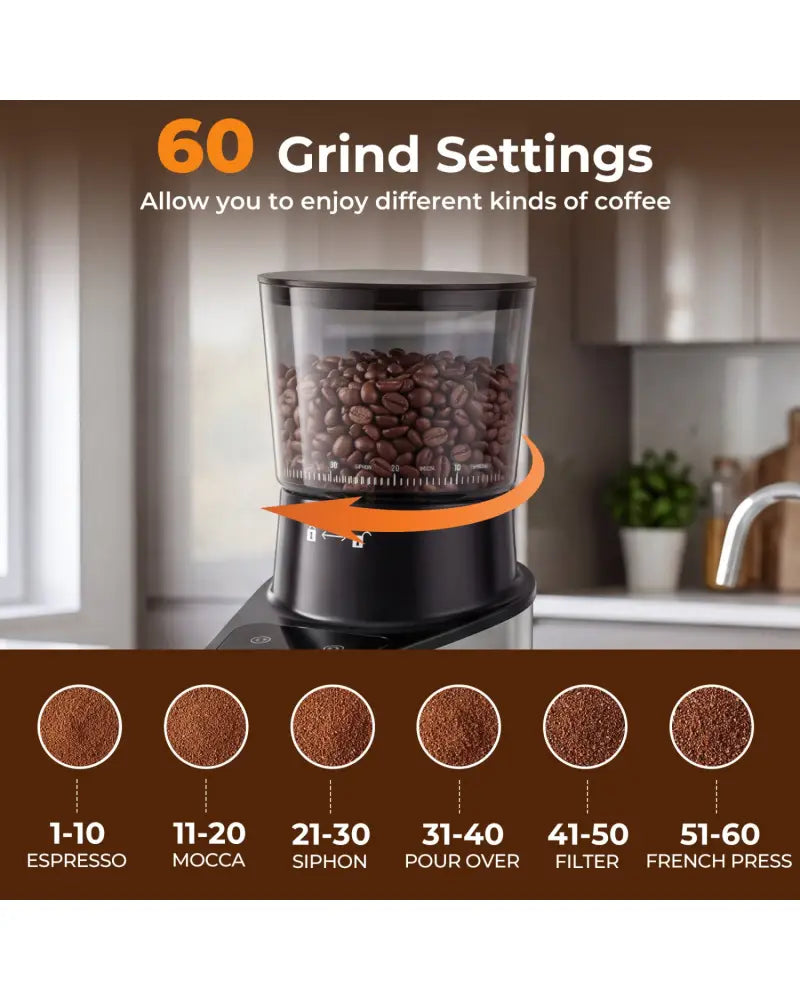 Conical Burr Coffee Grinder with 60 Precise Grinding Settings and Digital Display-Silver - Silver - Juicers & Coffee