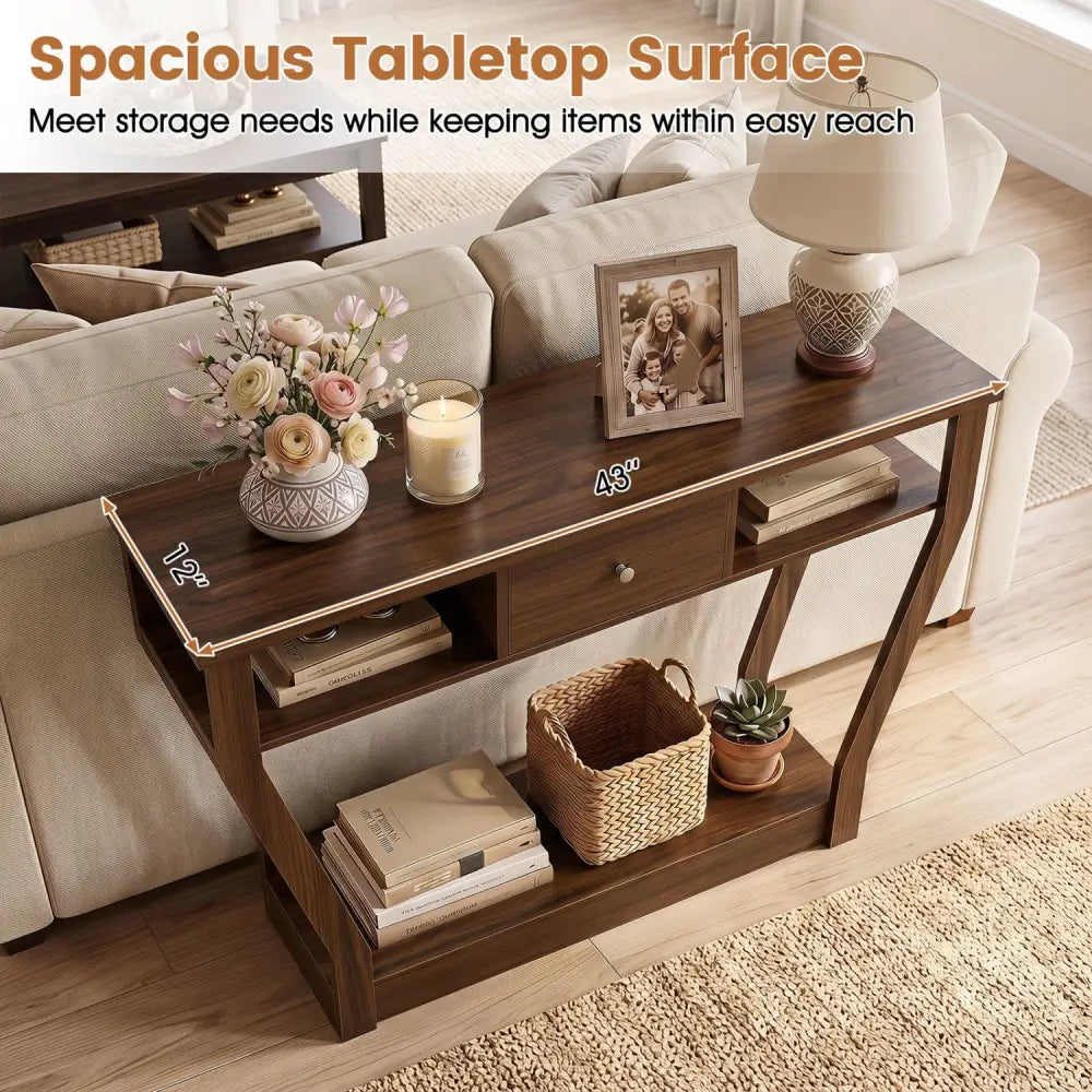 Console Hall Table with Storage Drawer and Shelf-Walnut - Walnut - Console Tables