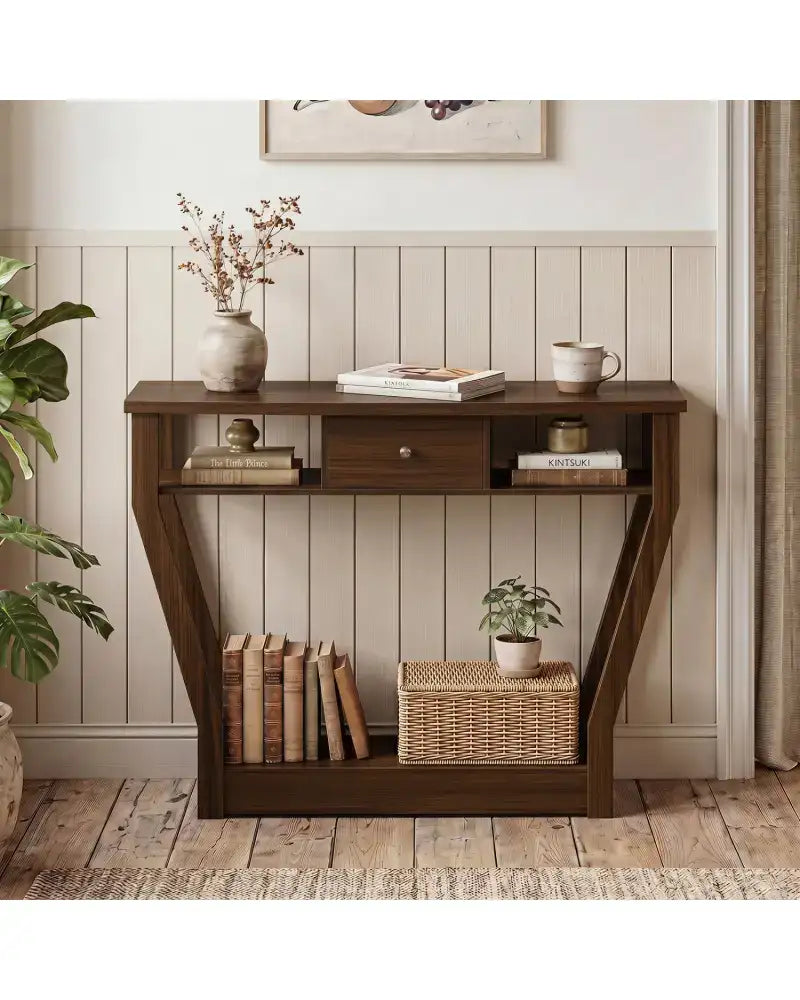 Console Hall Table with Storage Drawer and Shelf-Walnut - Walnut - Console Tables