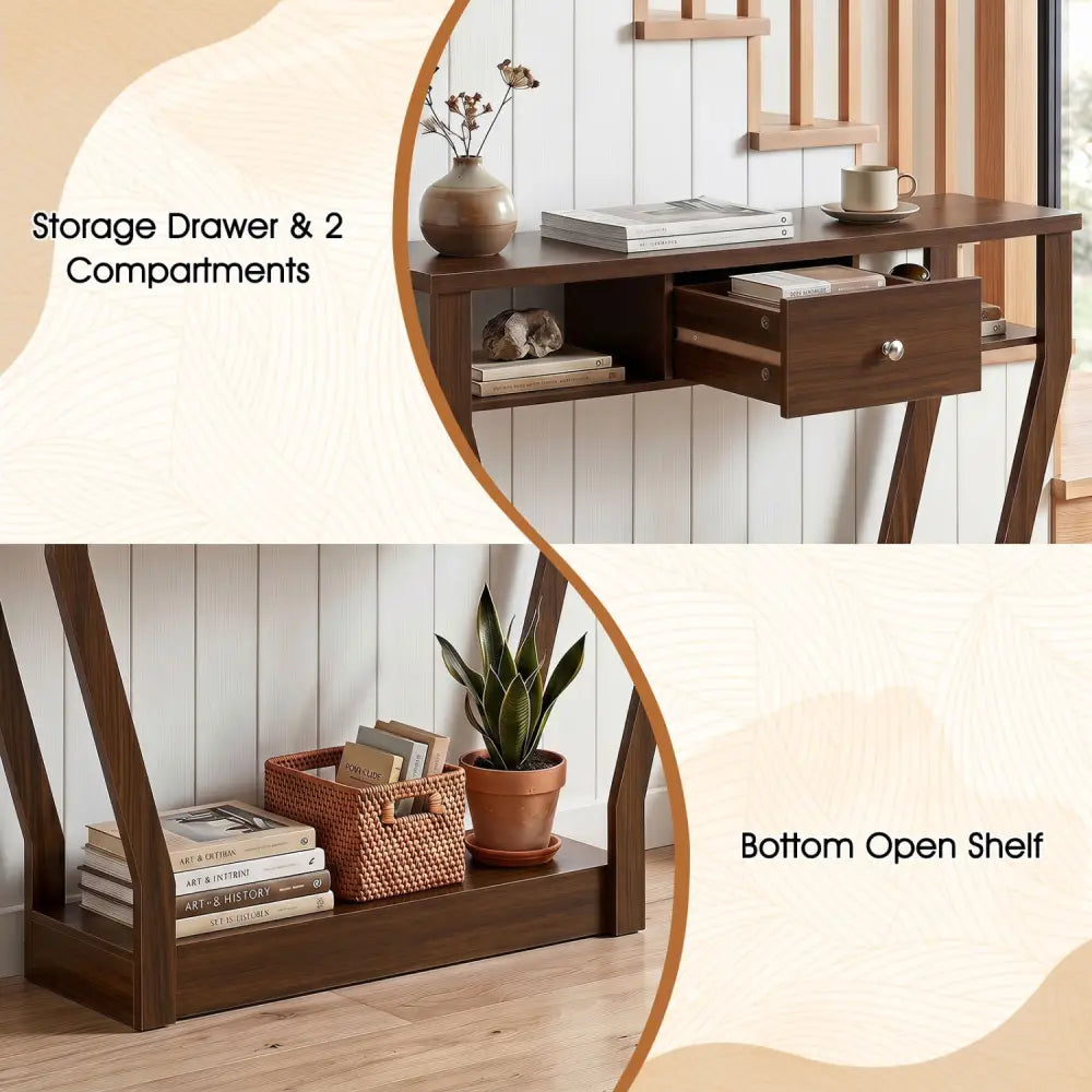 Console Hall Table with Storage Drawer and Shelf-Walnut - Walnut - Console Tables