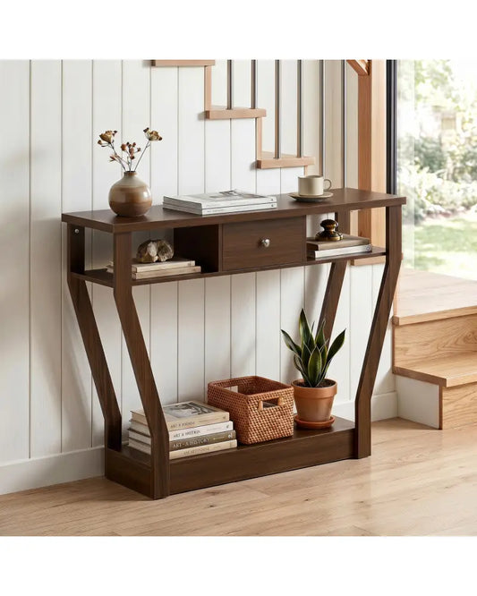 Console Hall Table with Storage Drawer and Shelf-Walnut - Walnut - Console Tables