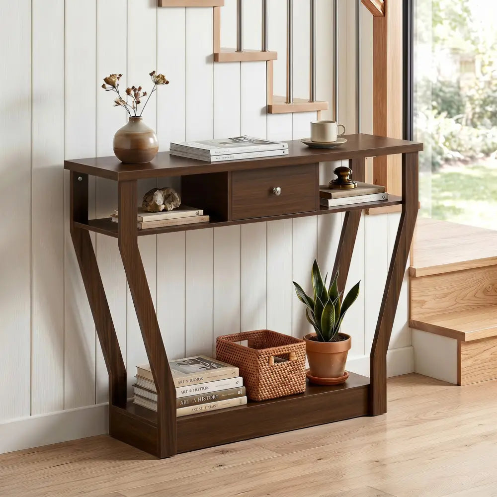 Console Hall Table with Storage Drawer and Shelf-Walnut - Walnut - Console Tables