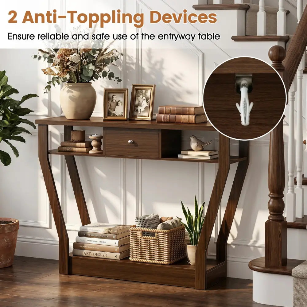 Console Hall Table with Storage Drawer and Shelf-Walnut - Walnut - Console Tables