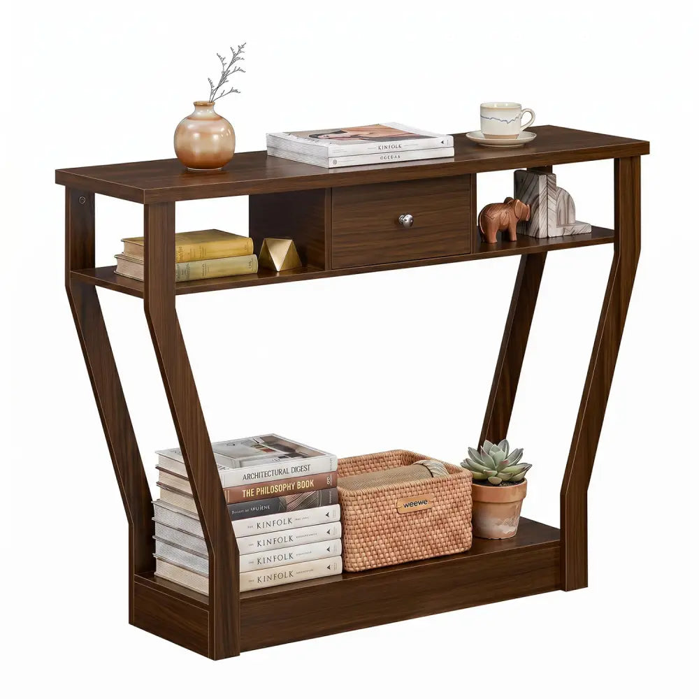 Console Hall Table with Storage Drawer and Shelf-Walnut - Walnut - Console Tables