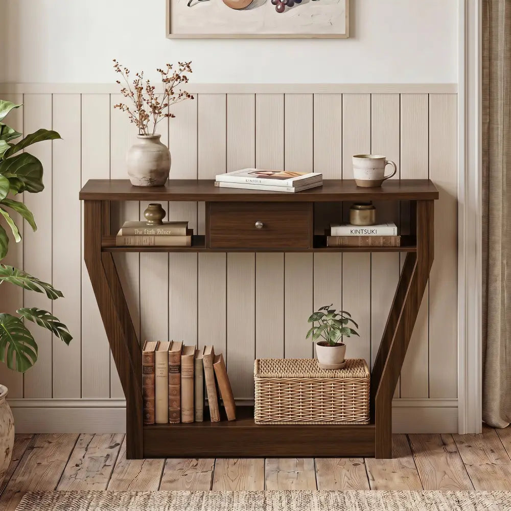 Console Hall Table with Storage Drawer and Shelf-Walnut - Walnut - Console Tables