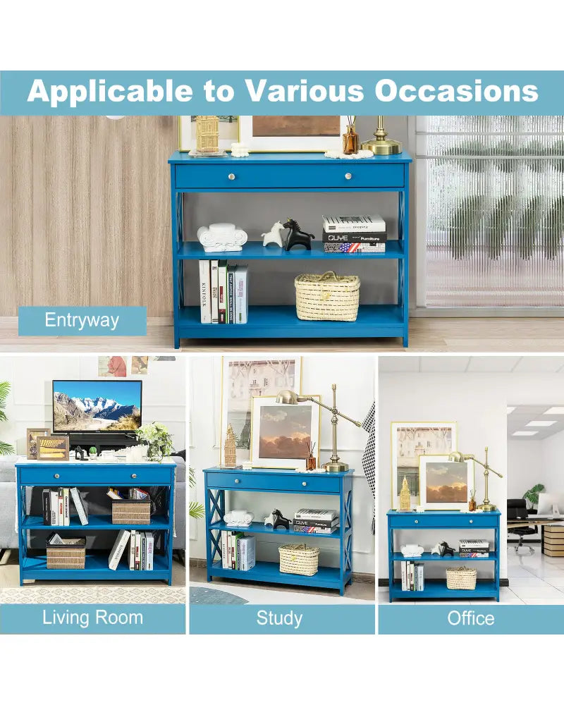 Console Table 3-Tier with Drawer and Storage Shelves-Blue - Blue - Console Tables